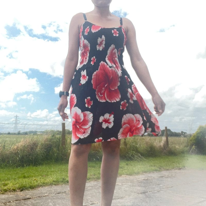 Womens Black Red Floral Flower Short Dress Ladies Summer Cocktail Party Holiday