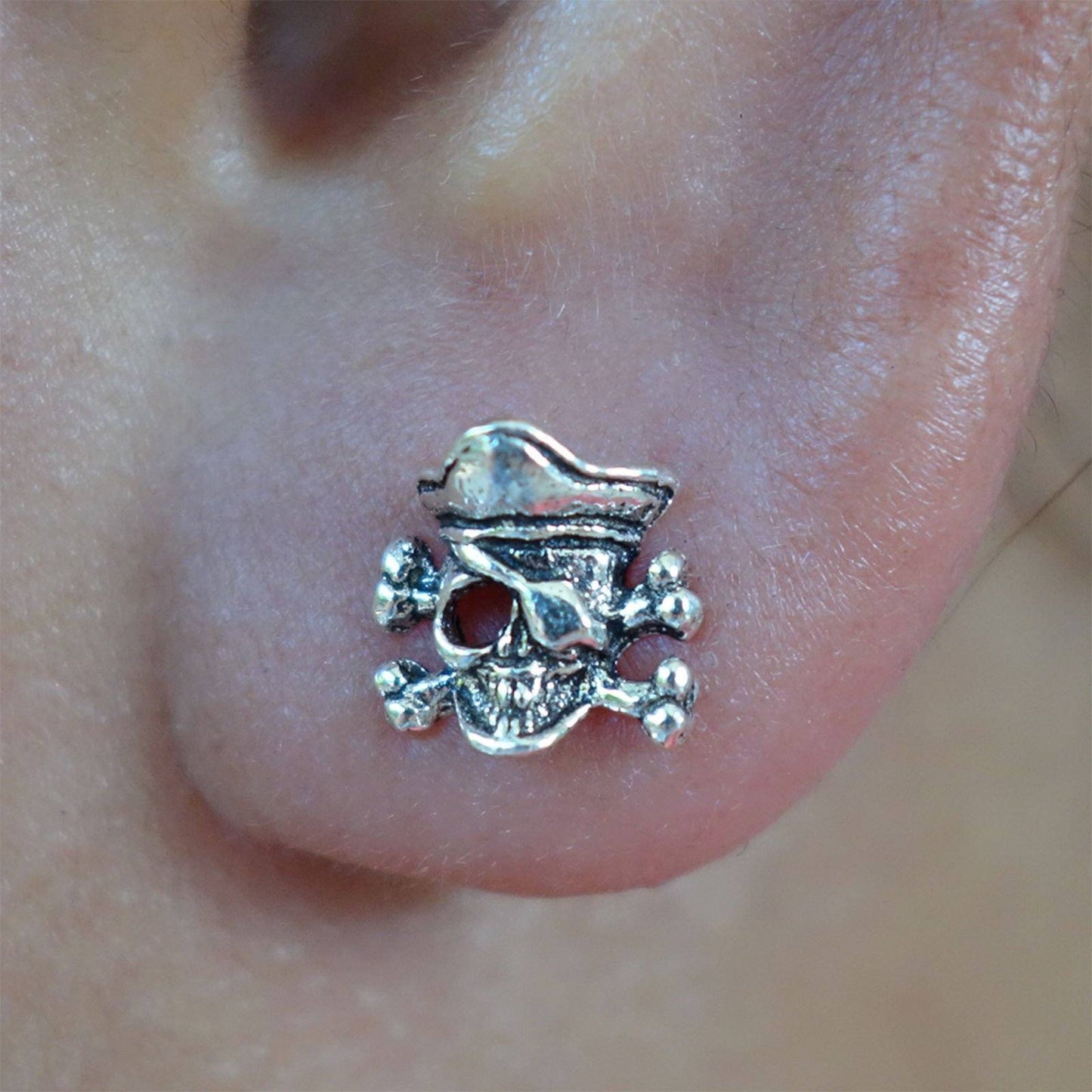 2 x 925 Sterling Silver Skull Ear Studs Pirate Fancy Dress Costume Stud Earrings