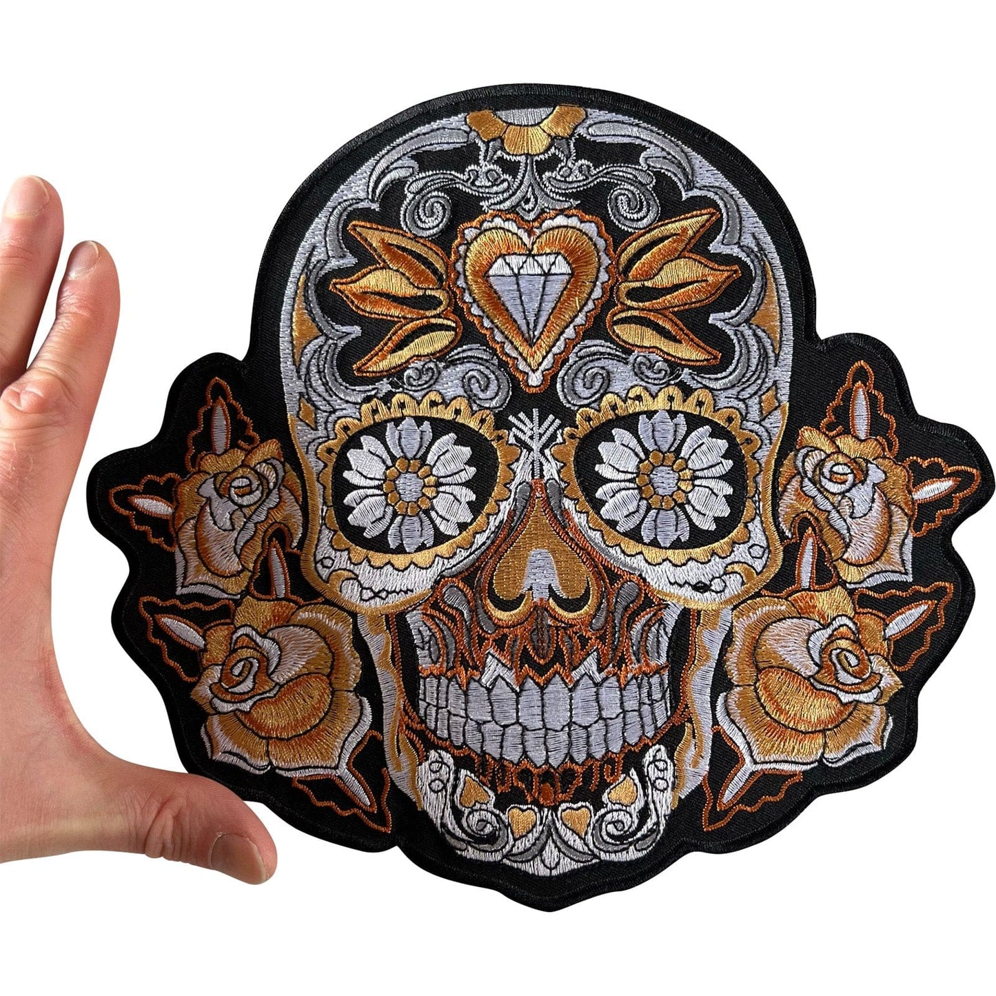 Big Large Gold Flower Sugar Skull Patch Badge Iron On Sew On Cloth Denim Leather