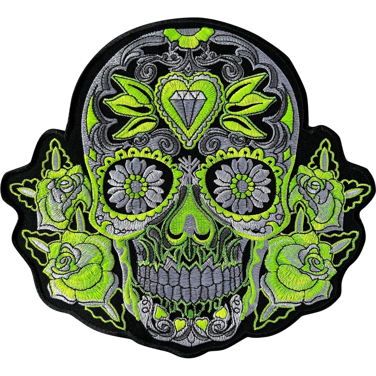 Big Large Green Flower Sugar Skull Patch Iron Sew On Jacket T Shirt Hoodie Badge