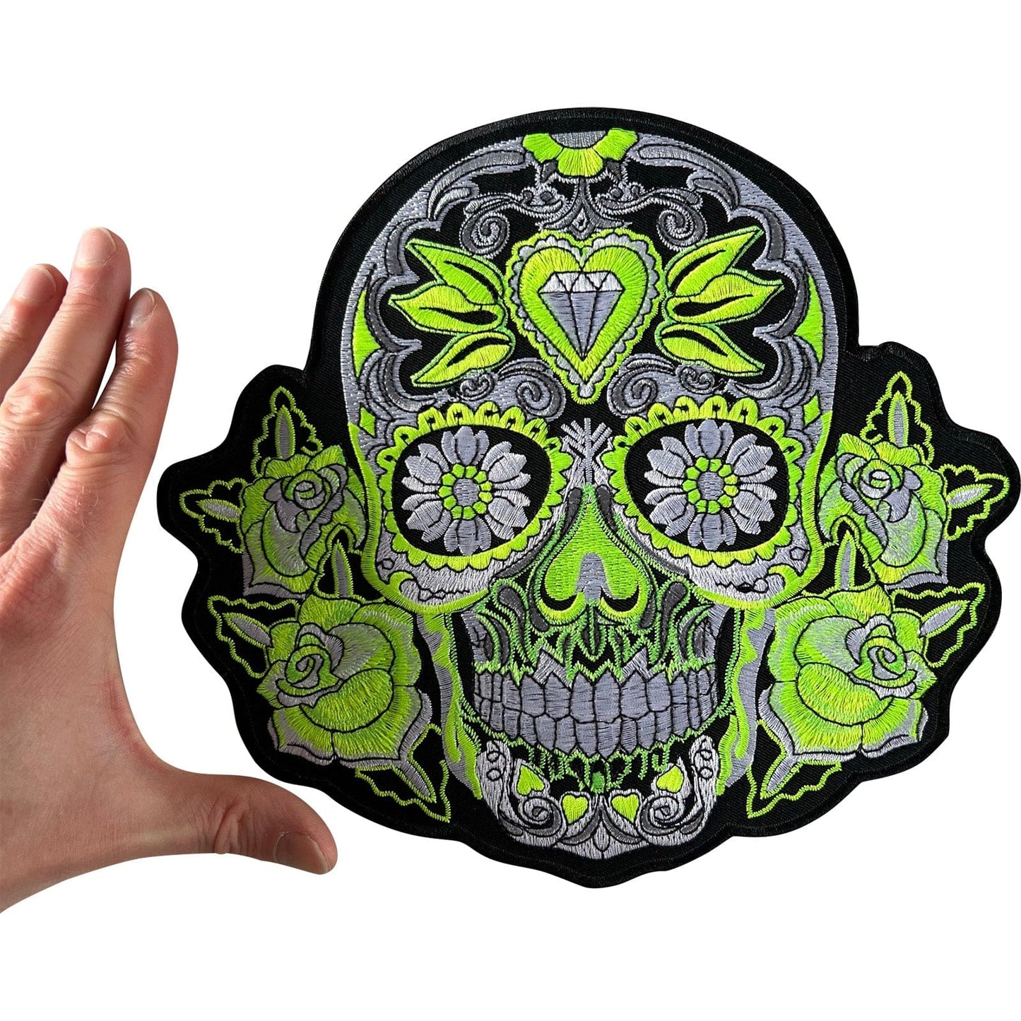 Big Large Green Flower Sugar Skull Patch Iron Sew On Jacket T Shirt Hoodie Badge