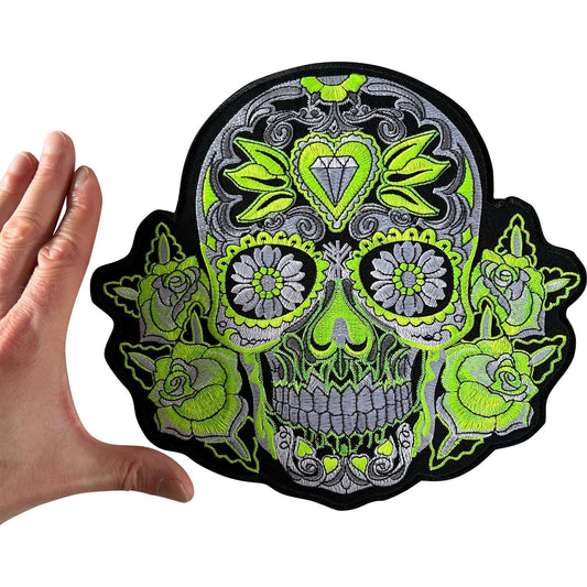Big Large Green Flower Sugar Skull Patch Iron Sew On Jacket T Shirt Hoodie Badge