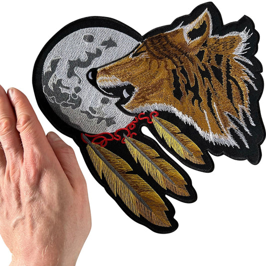 Big Large Indian Feather Moon Wolf Patch Iron Sew On Clothes Embroidered Badge