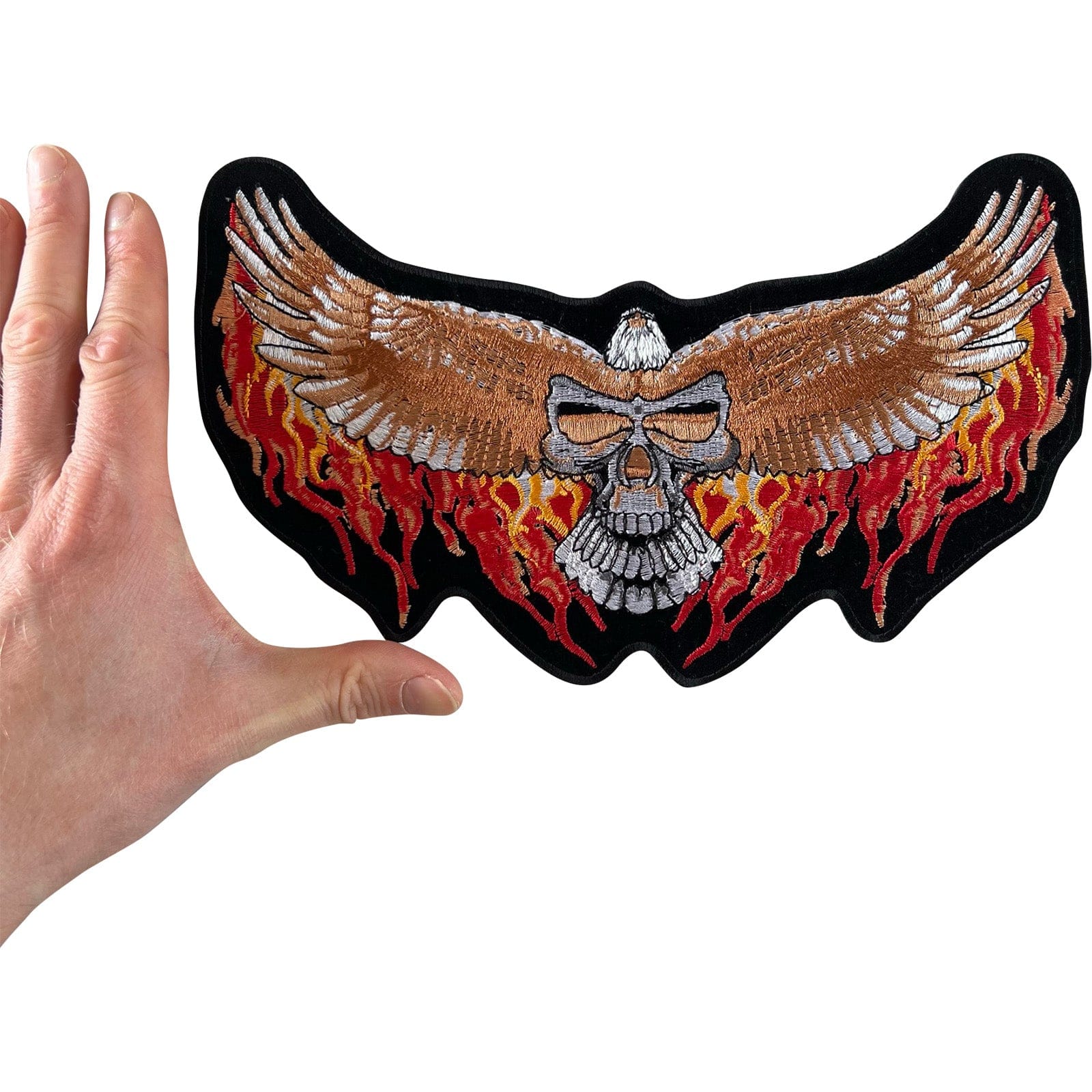 Big Large Iron Sew On Jacket Patch Biker Badge Flaming Eagle Skull Fire Flames