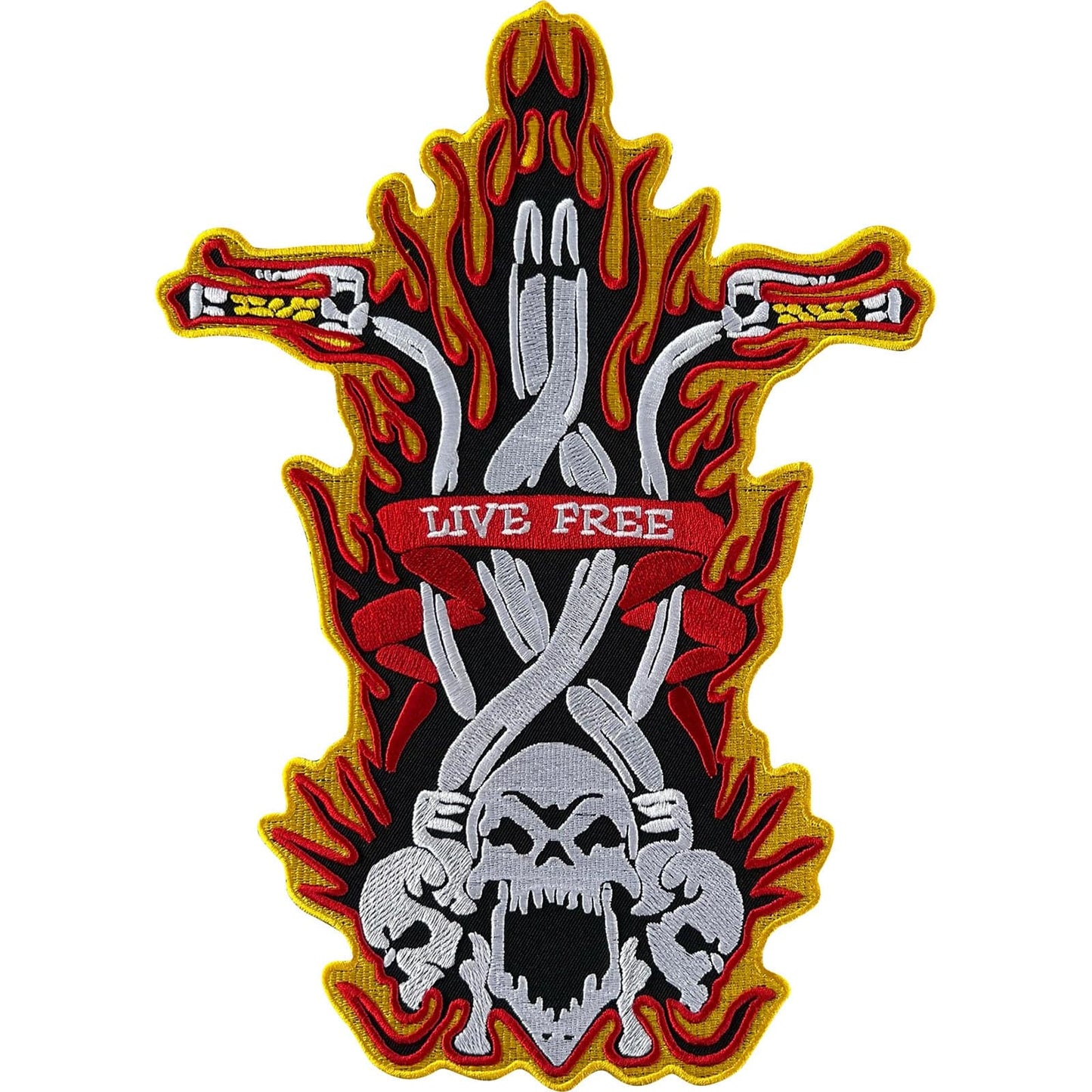 Big Large Live Free Patch Iron Sew On Skull Motorbike Flames Embroidered Badge