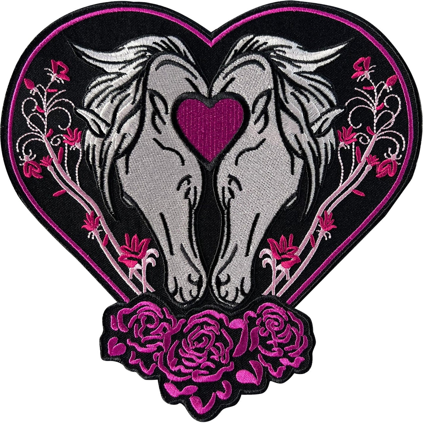 Big Large Pink Purple Rose Black Love Heart Horse Patch Iron Sew On Denim Badge