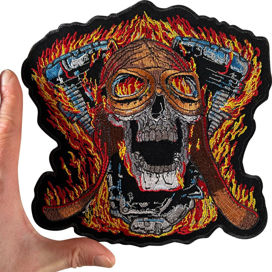 Big Large Skull Motorbike Engine Fire Patch Iron Sew On Jacket Embroidered Badge