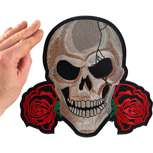 Big Large Skull Red Roses Patch Iron Sew On Clothes Jacket Bag Embroidered Badge