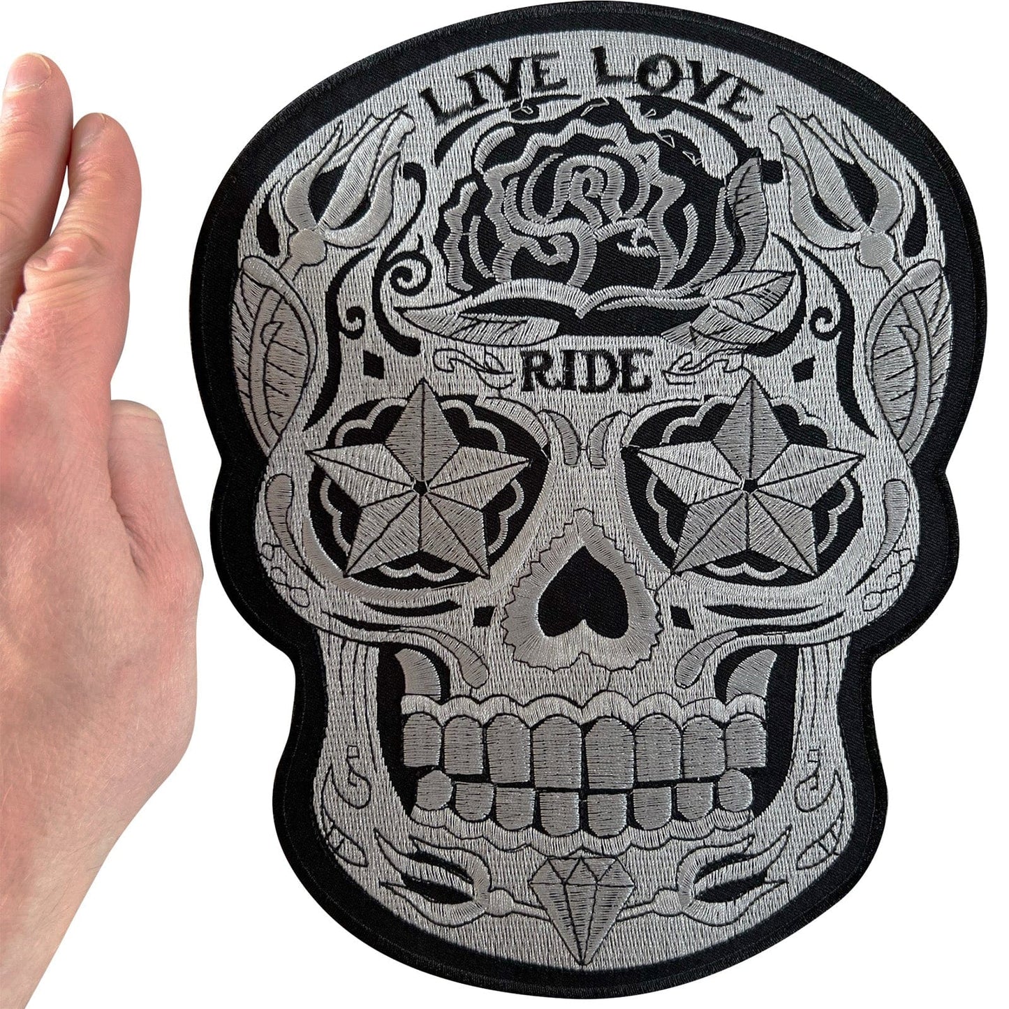 Big Large Sugar Skull Patch Iron Sew On Motorcycle Jacket Back Embroidered Badge