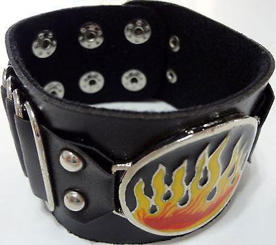 Black Leather Biker Fire Flames Silver Colour Studs Bracelet Wristband Bangle Black Leather Biker Fire Flames Silver Colour Studs Bracelet Wristband Bangle