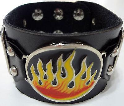 Black Leather Biker Fire Flames Silver Colour Studs Bracelet Wristband Bangle Black Leather Biker Fire Flames Silver Colour Studs Bracelet Wristband Bangle