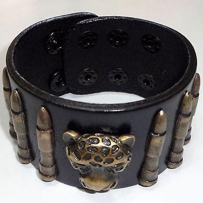 Black Leather Bronze Leopard Bullet Star Studs Biker Bracelet Wristband Bangle
