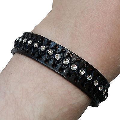 Black Leather Crystal Bracelet Wristband Bangle Mens Womens Girls Boys Jewellery