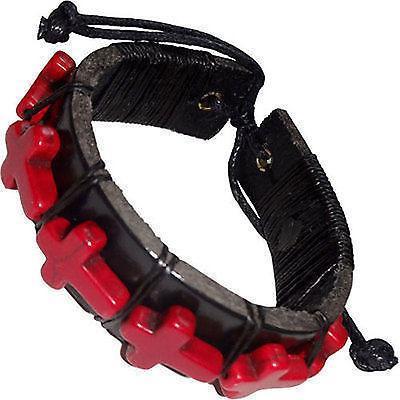 Black Leather Red Religious Crucifix Cross Bracelet Wristband Bangle Mens Womens