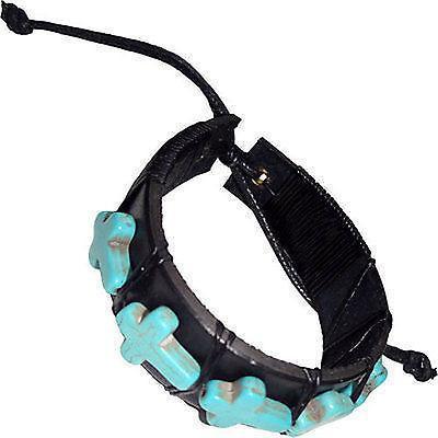 Black Leather Turquoise Crucifix Cross Bracelet Wristband Bangle Womens Ladies