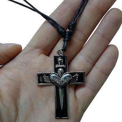 Black Silver Tone Sword Heart Wings Cross Charm Pendant Chain Necklace Choker