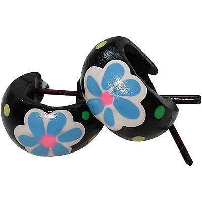 Blue Pink Flower Black Wood Hoop Stick Huggie Stud Earrings Womens Girls Jewelry