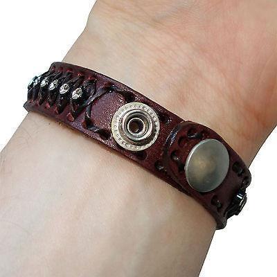 Brown Leather Crystal Bracelet Wristband Bangle Mens Womens Girls Boys Jewellery