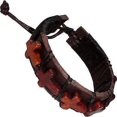 Brown Leather Religious Crucifix Cross Bracelet Wristband Mens Womens Boys Girls