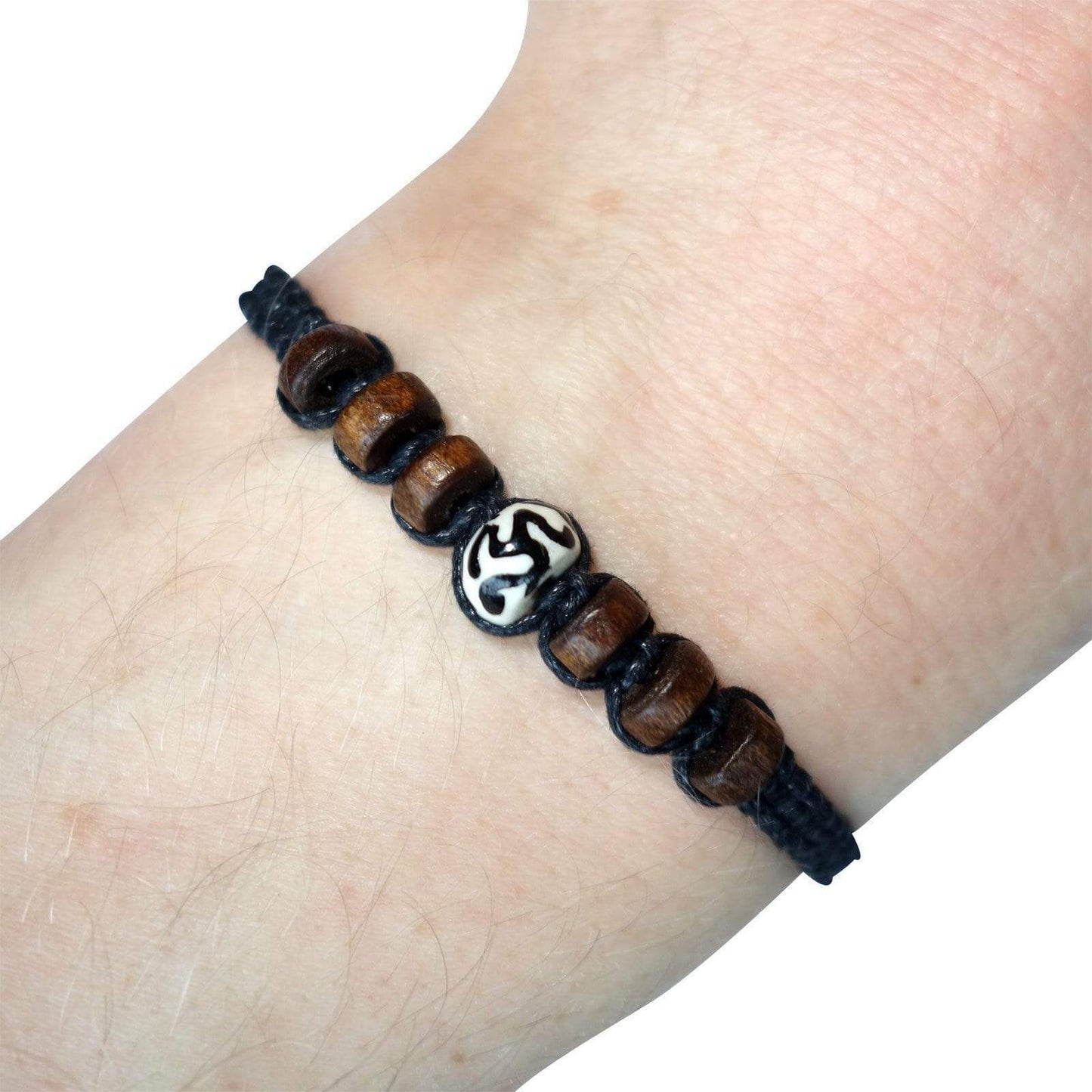 Brown Wood Black Cotton Bracelet Wristband Bangle Mens Womens Ladies Jewellery