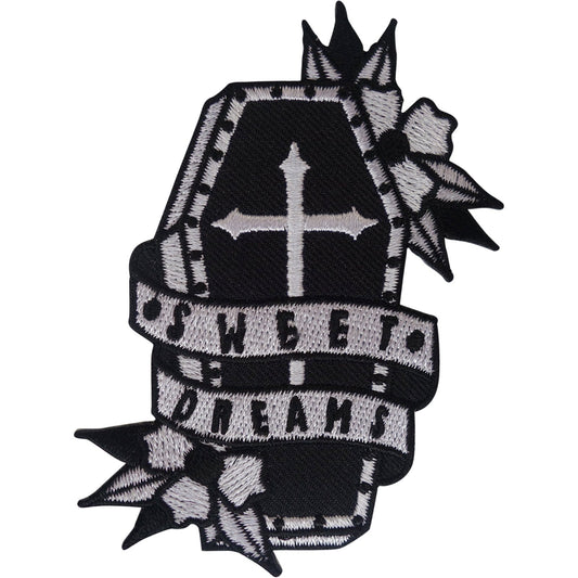 Coffin Patch Iron Sew On Clothes Funeral Flowers Death Black Embroidered Badge