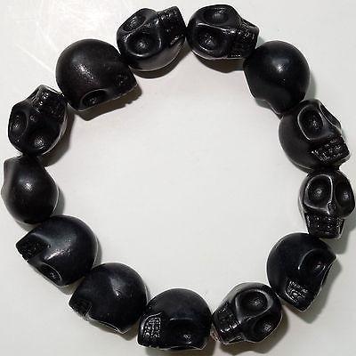 Elastic Black Skull Charm Bead Bracelet Wristband Bangle Mens Ladies Jewellery