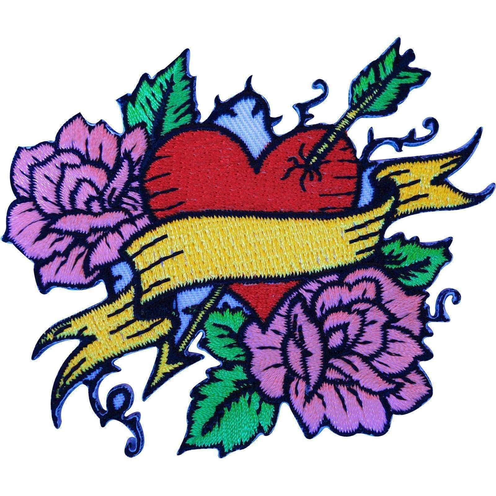 Embroidered Iron Sew On Tattoo Red Heart Pink Roses Patch Rockabilly Biker Badge