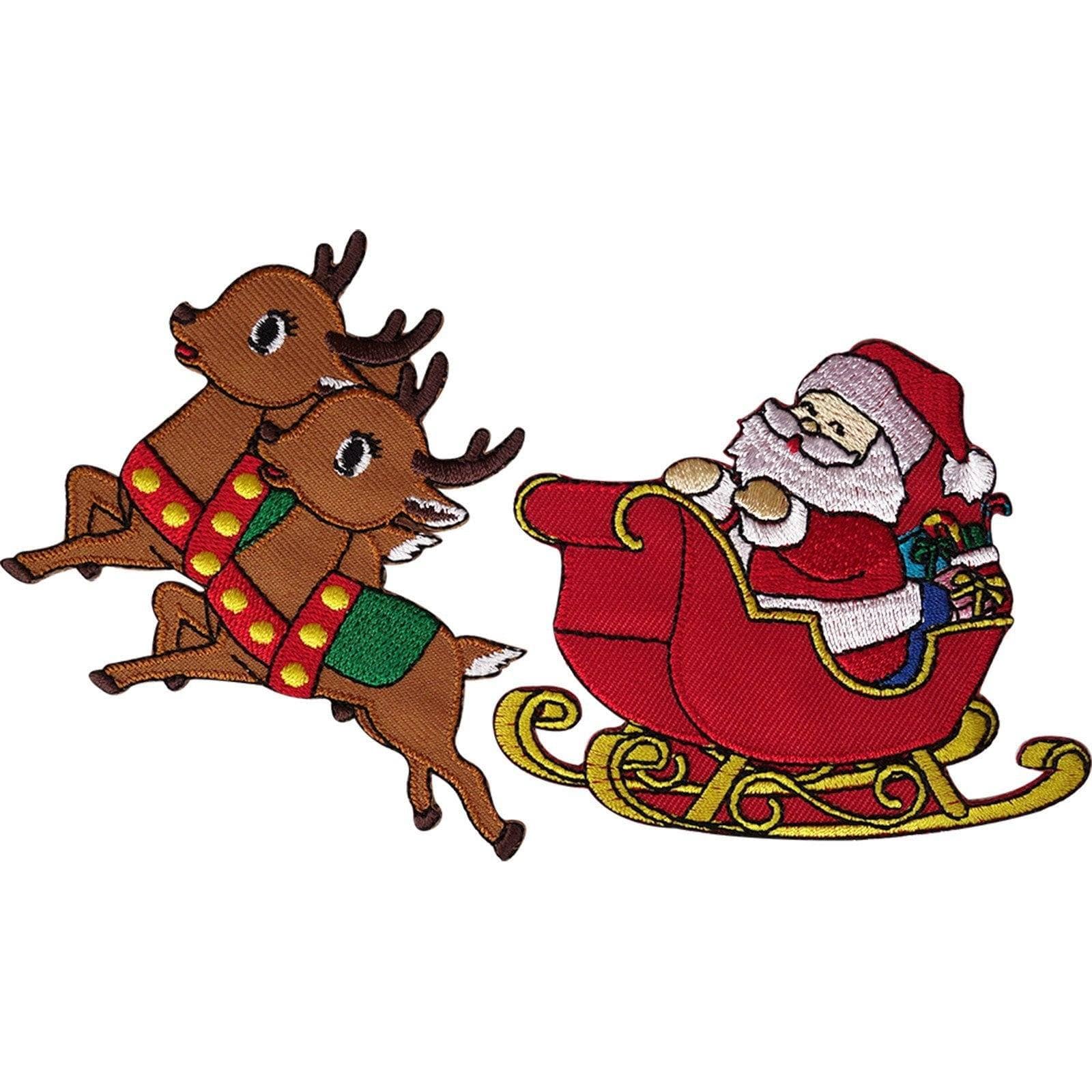 Father Christmas Santa Claus Sleigh Reindeer Patch Embroidered Iron Se