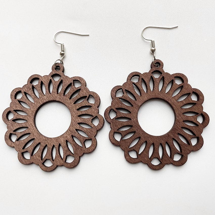 Geometric Flower Floral Dangle Hook Wood Earrings