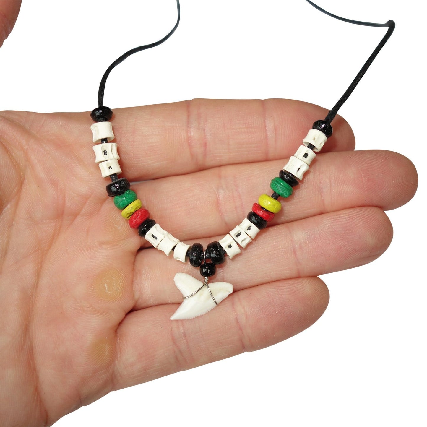Imitation Resin Shark Tooth Pendant Black Cord Chain Rasta Beads Surfer Necklace Mens Jewellery