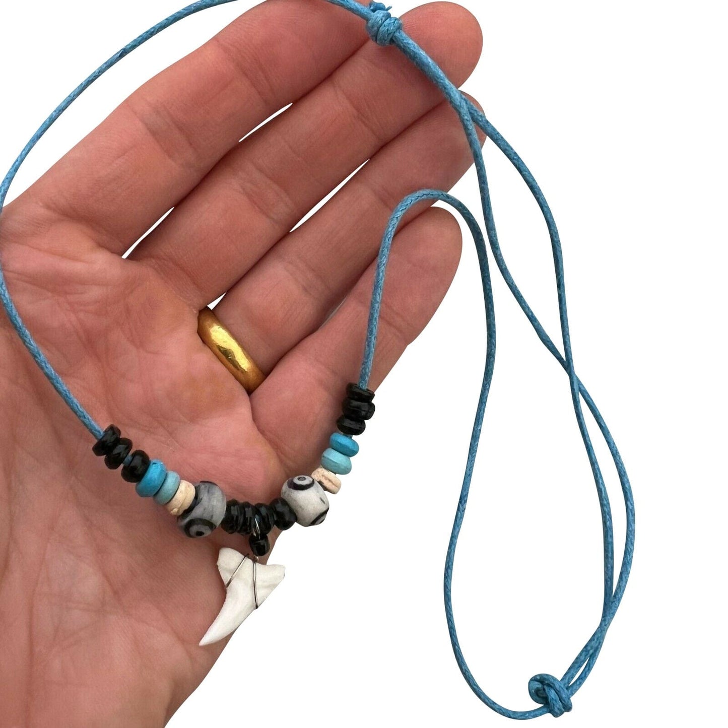 Imitation Resin Shark Tooth Pendant Blue Turquoise Cord Chain Wood Beads Surf Necklace Jewellery