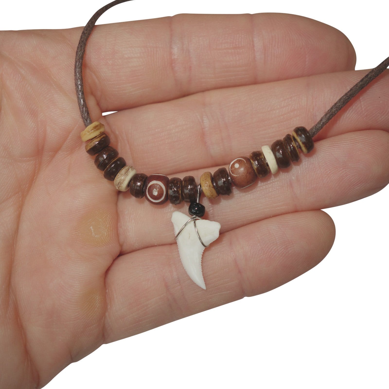 Imitation Resin Shark Tooth Pendant Brown Cord Chain Wooden Beads Surfer Necklace Mens Jewellery