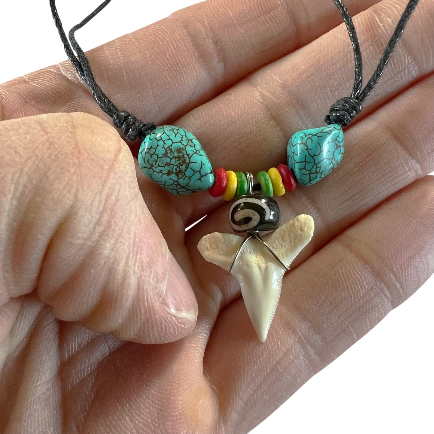 Imitation Resin Shark Tooth Pendant Necklace Cord Chain Rasta Reggae Turquoise Beads Jewellery