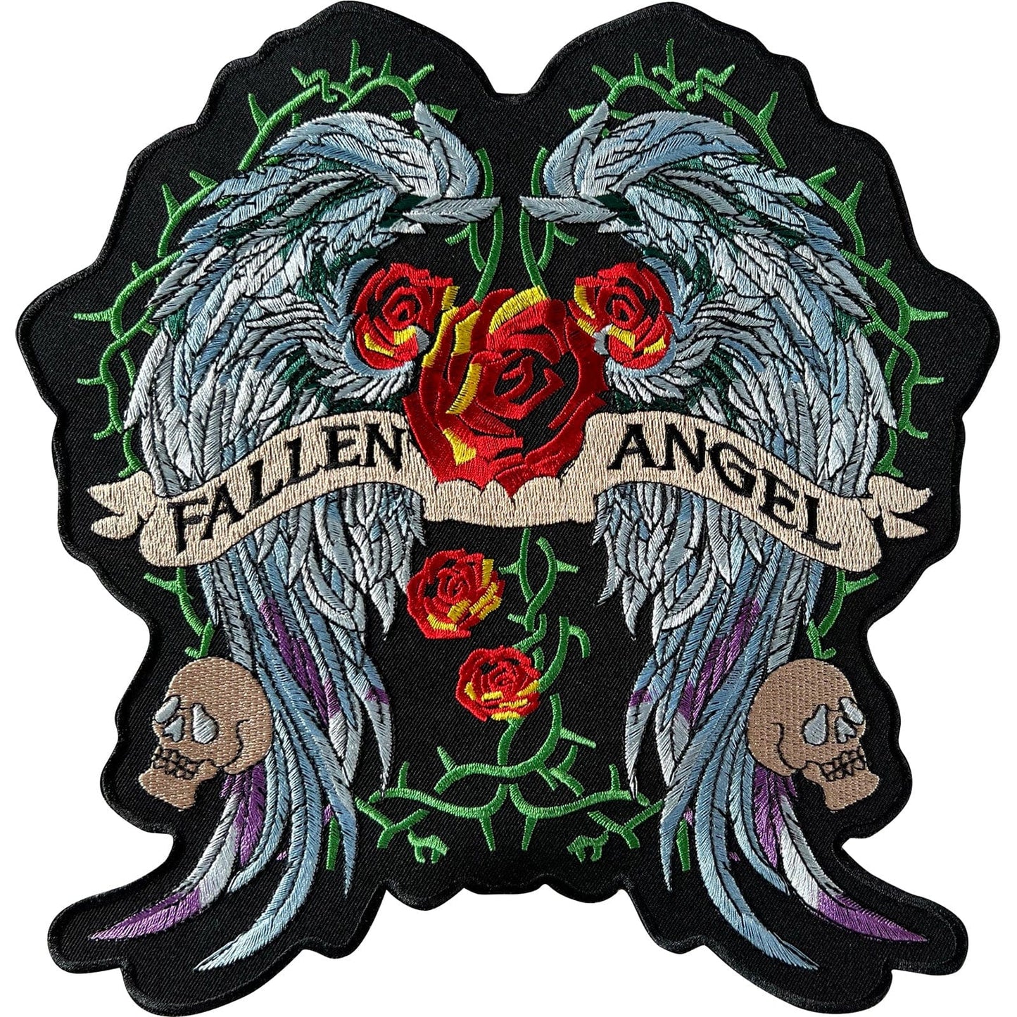 Large Angel Wings Red Roses Skulls Back Patch Iron Sew On Big Embroidered Badge