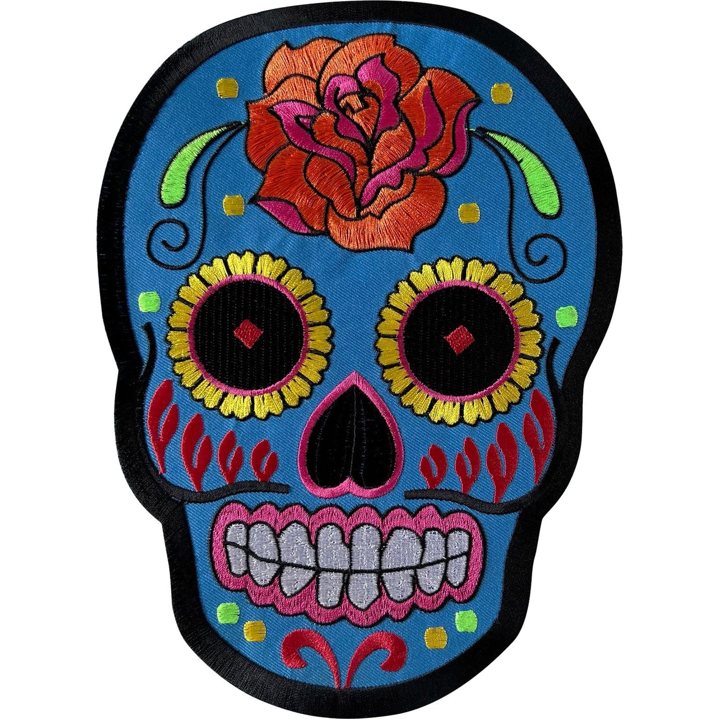 Large Big Blue Flower Sugar Skull Patch Iron Sew On Jacket Bag Embroidered Badge