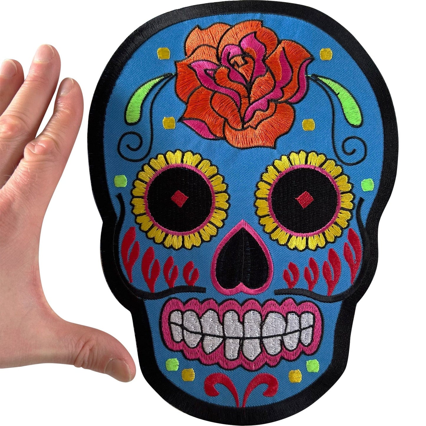 Large Big Blue Flower Sugar Skull Patch Iron Sew On Jacket Bag Embroidered Badge