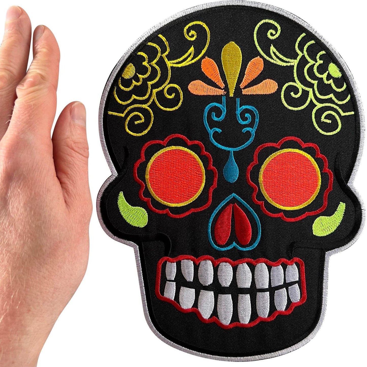 Large Black Floral Sugar Skull Patch Iron Sew On Big Embroidery Badge Applique