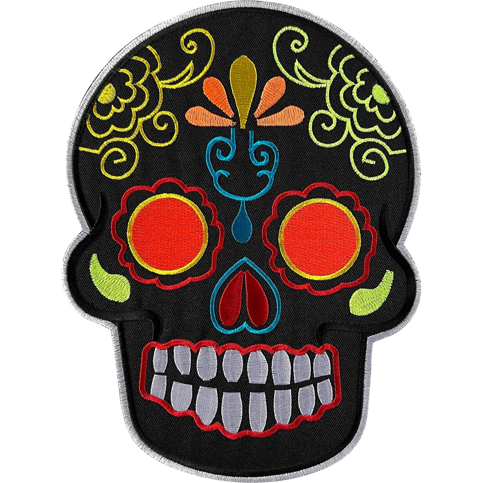 Large Black Floral Sugar Skull Patch Iron Sew On Big Embroidery Badge Applique
