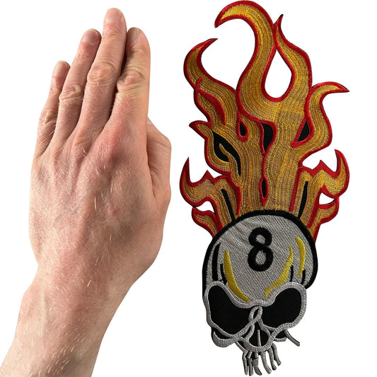 Large Flaming Skull Number 8 Patch Iron Sew On Clothes Embroidery Badge Applique
