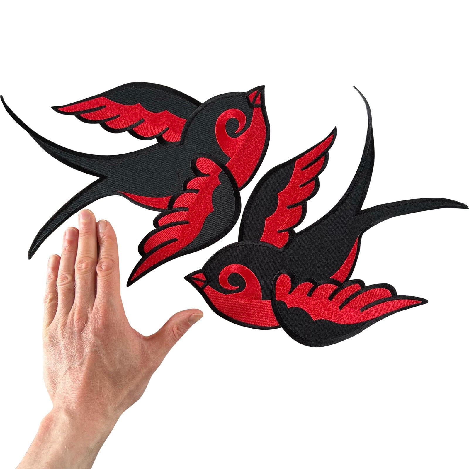 Large Pair Of Red Black Swallow Bird Patches Iron Sew On Big Embroidered Badges