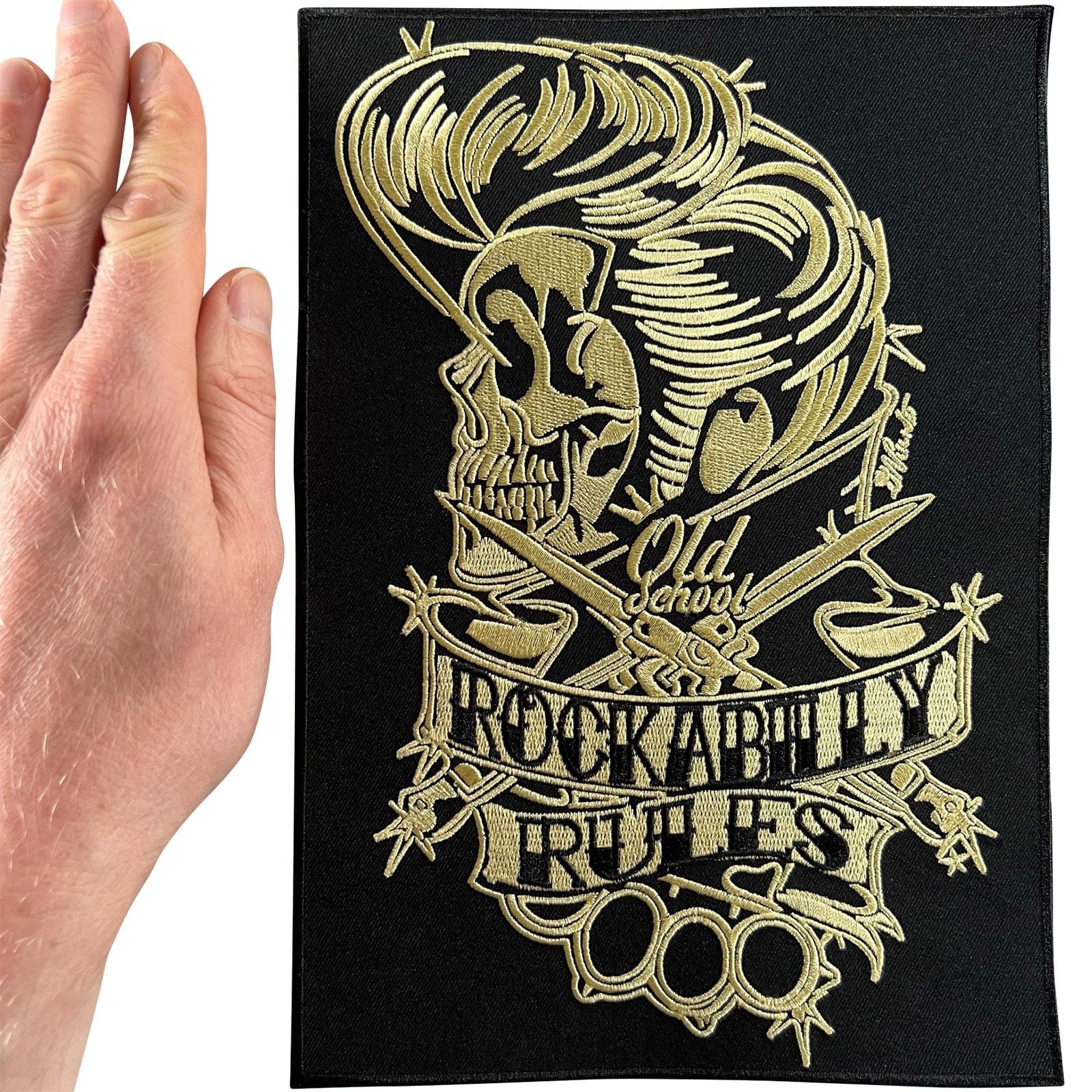 Large Rockabilly Rules Old School Patch Iron On Big Rock Music Embroidered Badge