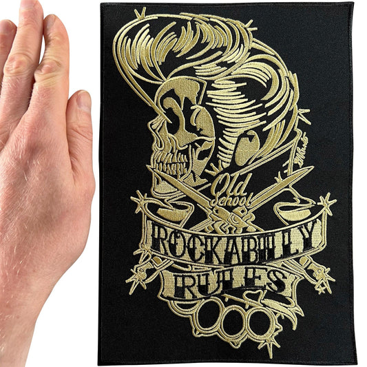 Large Rockabilly Rules Old School Patch Iron On Big Rock Music Embroidered Badge