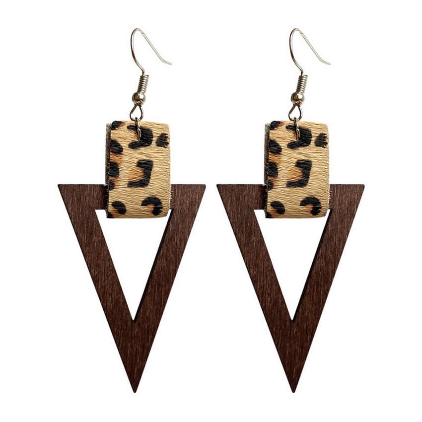 Leopard Triangle Wood Dangle Hook Earrings