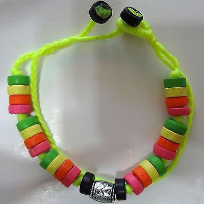 Neon Bracelet Wristband Bangle Wood Beaded Cord Beach Sun Surfer Girls Jewellery