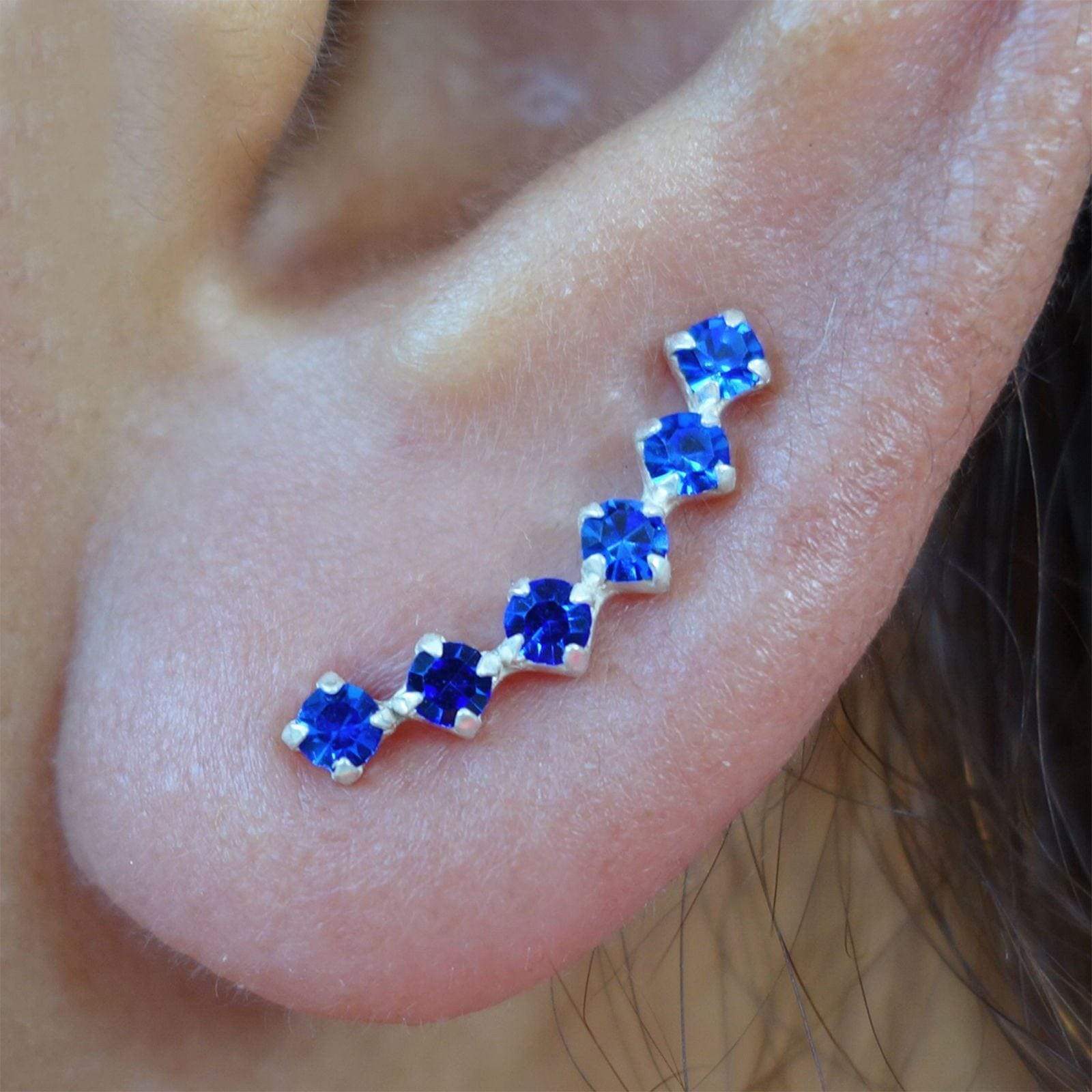 Pair 925 Sterling Silver Blue Crystal Ear Cuff Stud Earrings Womens Ladies Cuffs