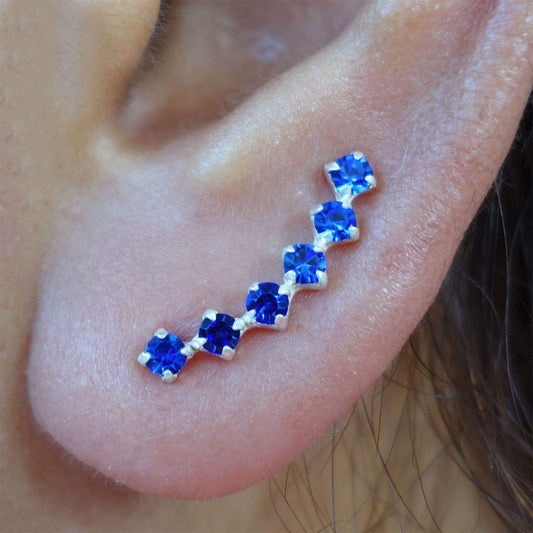 Pair 925 Sterling Silver Blue Crystal Ear Cuff Stud Earrings Womens Ladies Cuffs