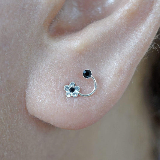 Pair 925 Sterling Silver Flower Stud Earrings Black Crystal Ear Studs Jewellery Pair 925 Sterling Silver Flower Stud Earrings Black Crystal Ear Studs Jewellery