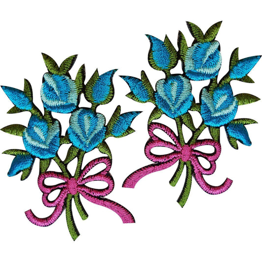 Pair Bouquet of Flowers Patches Iron Sew On Embroidered Patch Badge Blue Flower