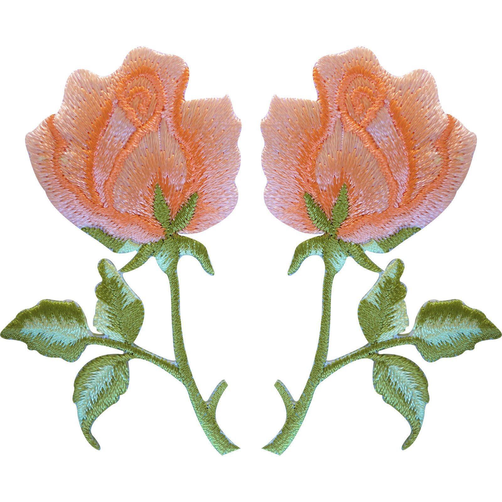 Pair of Apricot Peach Orange Roses Patches Iron Sew On Rose Flower Clothes Patch