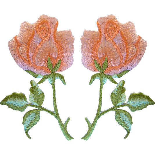 Pair of Apricot Peach Orange Roses Patches Iron Sew On Rose Flower Clothes Patch